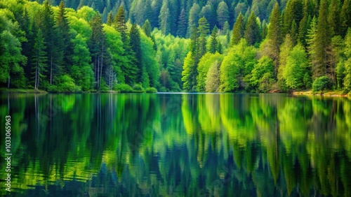 Macro shot of perfect lake reflection of lush green forest
