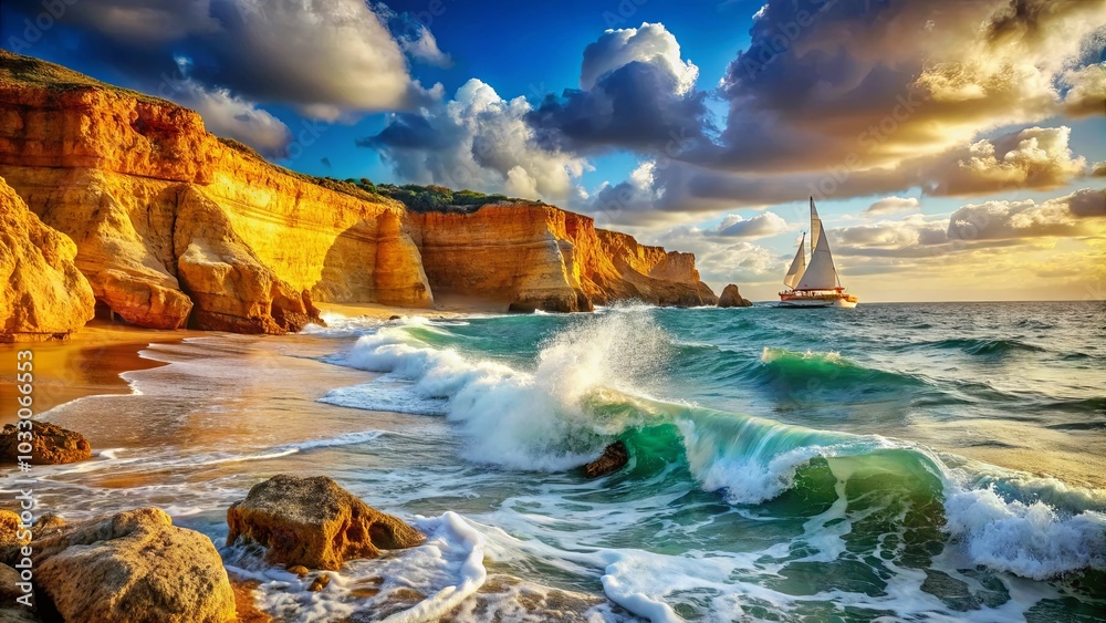 A golden-hued beach with a sailboat on the horizon as waves crash against the shore, creating a picturesque seascape A golden-hued beach with a sailboat on the horizon as waves crash against the shore, creating a picturesque seascape