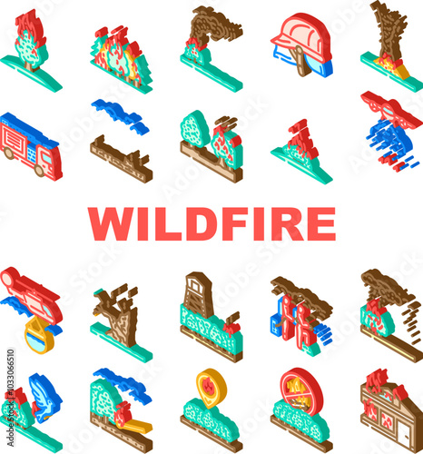 wildfire firestorm burn blaze icons set vector. inferno flames, smoke heat, evacuation forest, ember ash drought, spark wildfire firestorm burn blaze isometric sign illustrations