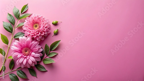 Medium shot of a pink background with flowers and leaves