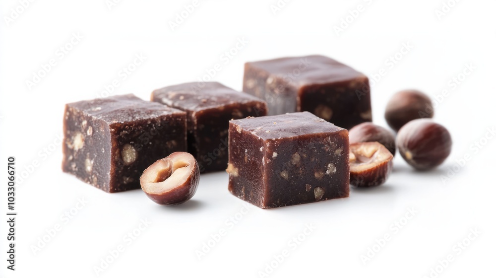 Traditional Japanese yokan with chestnut pieces, sliced into neat blocks, isolated on white background Traditional Japanese yokan with chestnut pieces, sliced into neat blocks, isolated on white background