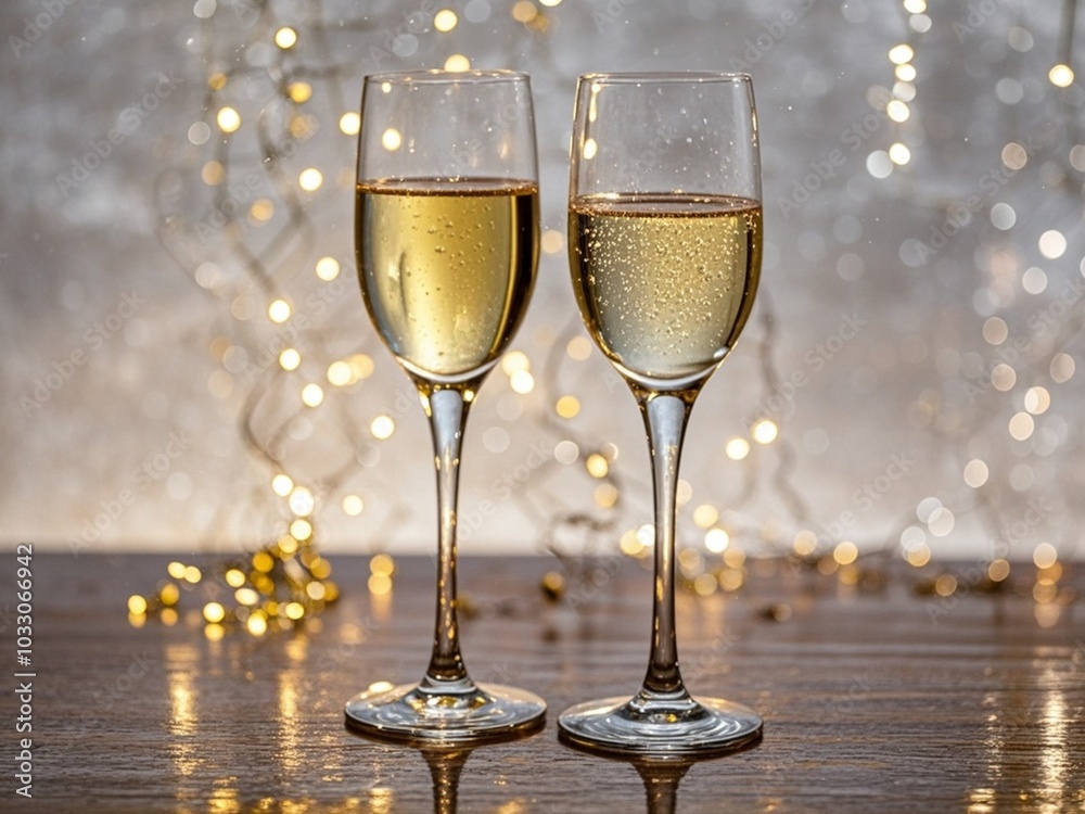 Glasses of champagne on table against blurred lights, space for text. Bokeh effect
