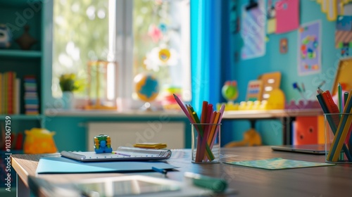 Colorful cozy children’s room interior with school supplies – close-up of junior student’s study space featuring desk, books, and stationery for learning and homework in a bright, modern setting.