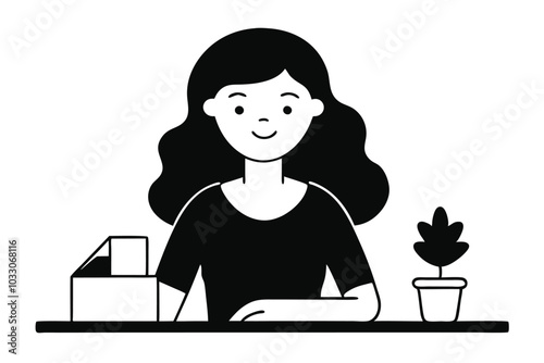 Smiling young woman studying on table at home, continuous line art vector illustration