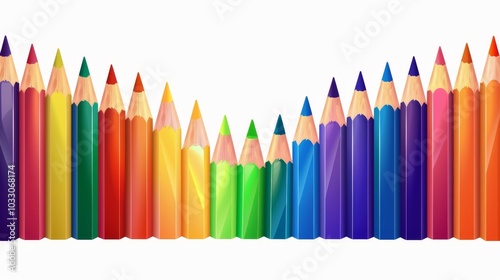 Isolated set of rainbow color wooden pencils arranged in a frame, multicolored pencils on bright background with copy space, creative art supplies for school, education, and craft projects.