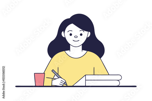 Smiling young woman studying on table at home, continuous line art vector illustration