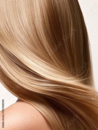 Close-Up Of A Head Of Long Flowing Blonde Hair showcasing the beauty of natural hair, highlighting its softness, smoothness, and luxurious shine. This image can be used for hair care product advertise