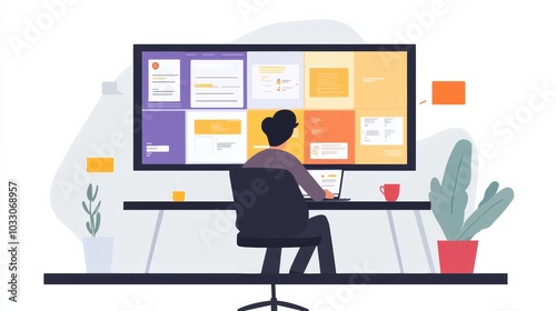 A UX/UI designer working on the latest website layout trends, with a colorful and modern interface displayed on a large monitor