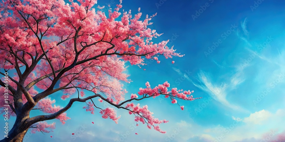 painting of sakura tree with red flowers against blue sky painting of sakura tree with red flowers against blue sky
