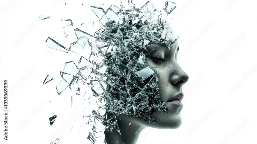 Face silhouette with shattered glass, symbolizing emotional breakdown or trauma, isolated on white background