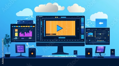 A video editor rendering a high-quality video project, with progress bars and cloud synchronization on multiple screens