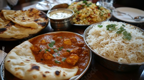 A variety of Indian dishes, including chicken tikka masala, garlic naan, and biryani, arranged as a traditional Indian meal