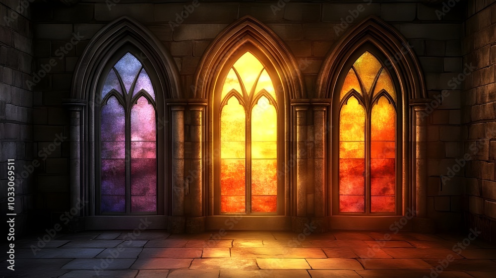 Fototapeta premium Three Gothic Arched Windows with Colorful Stained Glass.