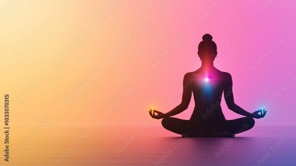 Tranquil Silhouette of Yogi with Glowing Chakra Points - Inner Peace and Spiritual Awakening Concept. Tranquil Silhouette of Yogi with Glowing Chakra Points - Inner Peace and Spiritual Awakening Concept.