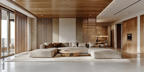 light grey and gold modern open space apartment with luxury furniture set, beautiful pvc panels ceiling and elegant wooden panel partition 