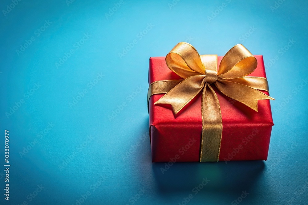 Red gift box with gold ribbon on blue background Red gift box with gold ribbon on blue background