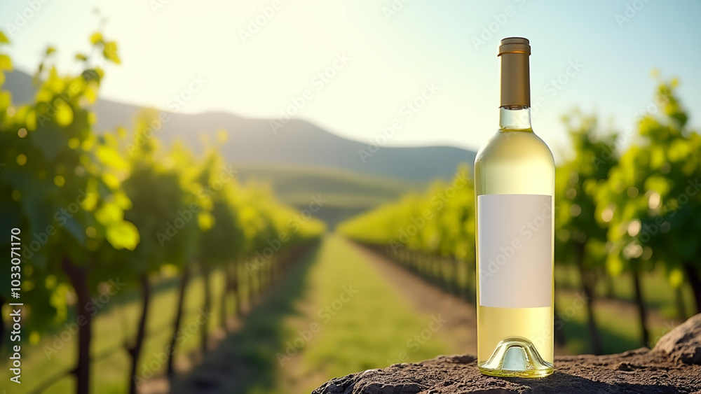 White wine bottle mockup in a vineyard landscape with lush grapevines and rolling hills White wine bottle mockup in a vineyard landscape with lush grapevines and rolling hills