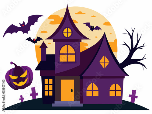 Halloween house moon and bats silhouette vector illustration on white background 