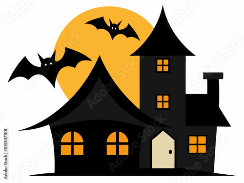 Halloween house moon and bats silhouette vector illustration on white background 