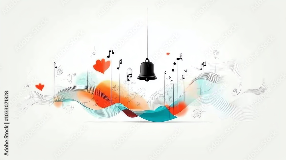Obraz premium Abstract bell ringing with colorful sound waves, white background