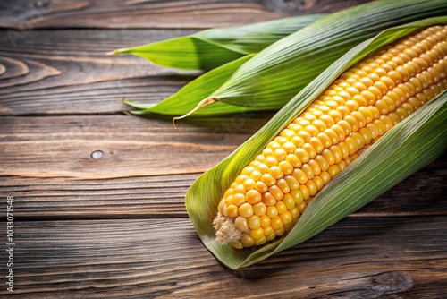 Ripe corn cob and green leaves on wooden surface