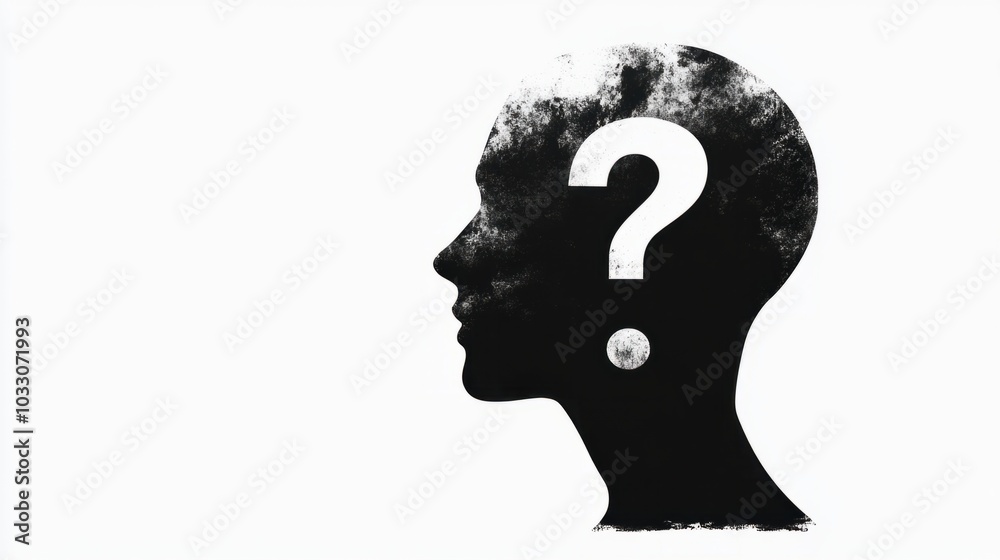 Silhouette of a head with a question mark, representing mental confusion and seeking therapy, isolated on white background Silhouette of a head with a question mark, representing mental confusion and seeking therapy, isolated on white background