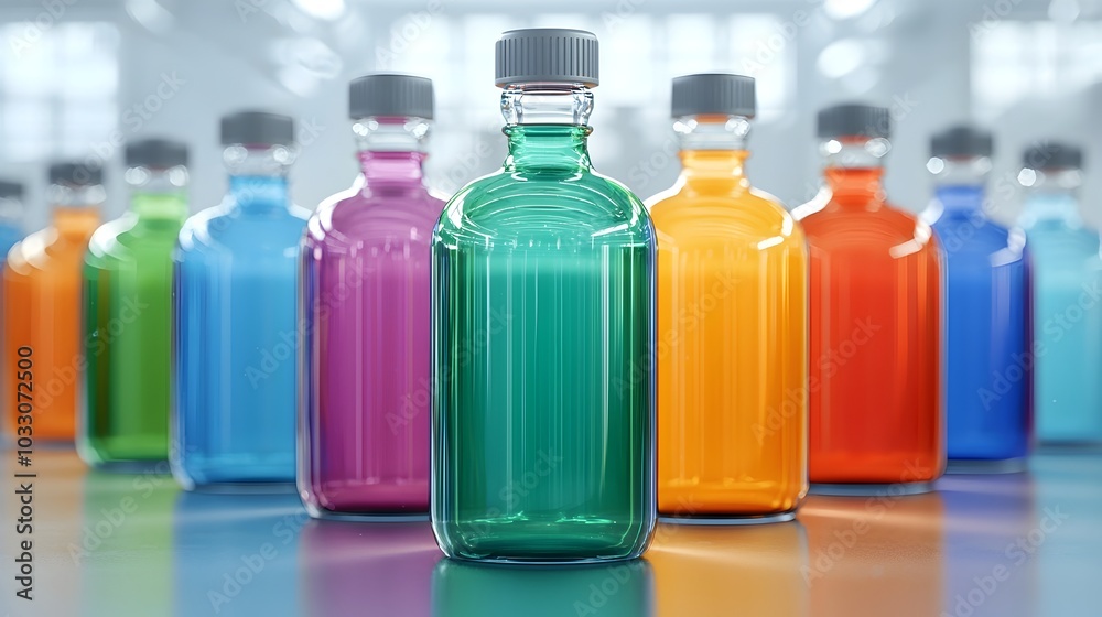 Freshly Molded Colored Glass Bottles Cooling Down with Swirling Mist in Modern Plant Freshly Molded Colored Glass Bottles Cooling Down with Swirling Mist in Modern Plant