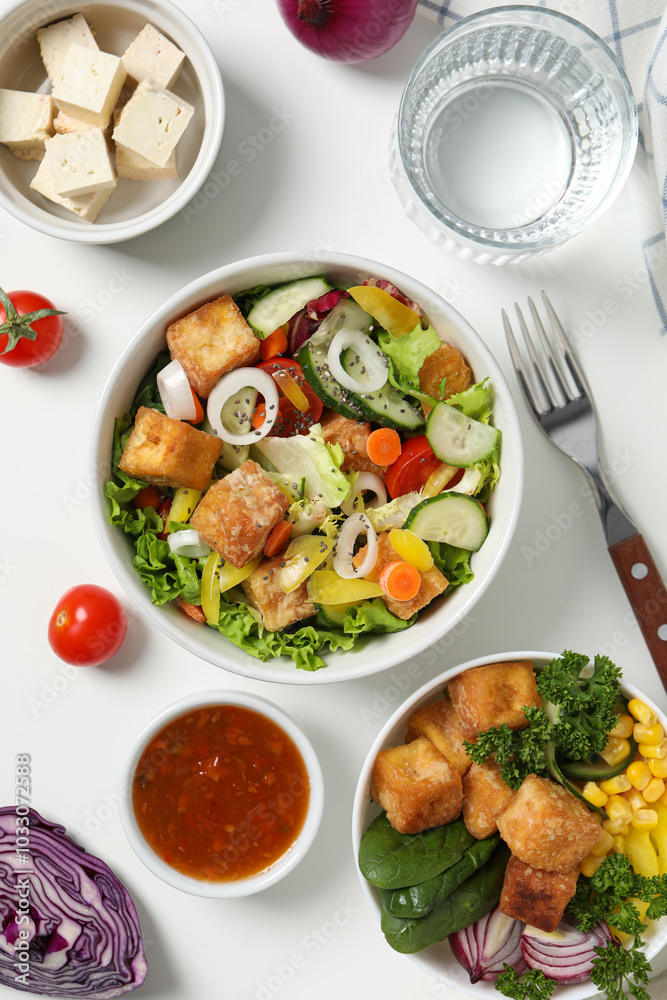 Fried tofu salad with vegetables and sauce top view Fried tofu salad with vegetables and sauce top view
