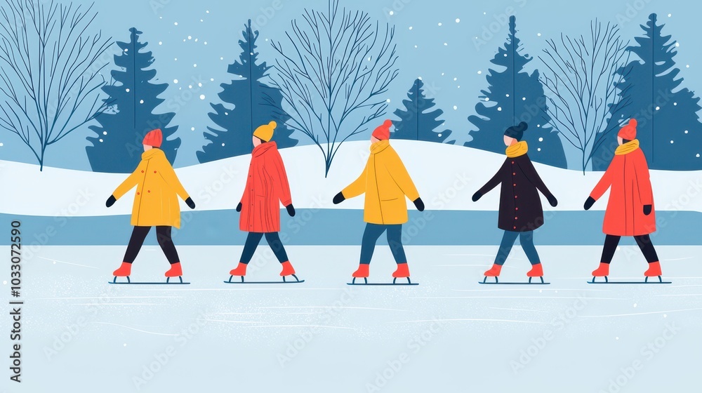 A colorful winter scene of five people skating on ice, surrounded by snow-covered trees, capturing a joyful outdoor activity. A colorful winter scene of five people skating on ice, surrounded by snow-covered trees, capturing a joyful outdoor activity.