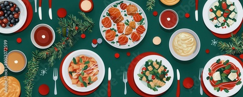 A festive spread of various dishes, including meats, salads, and desserts, elegantly arranged on a green tablecloth with holiday decor.