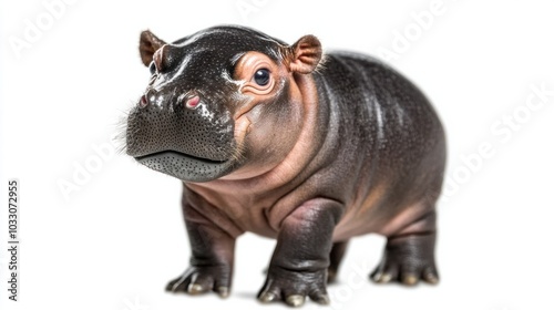 Adorable baby hippo standing playfully with a curious expression, isolated on white background