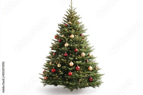 A beautifully decorated Christmas tree adorned with traditional ornaments on a clean white background showcasing festive cheer