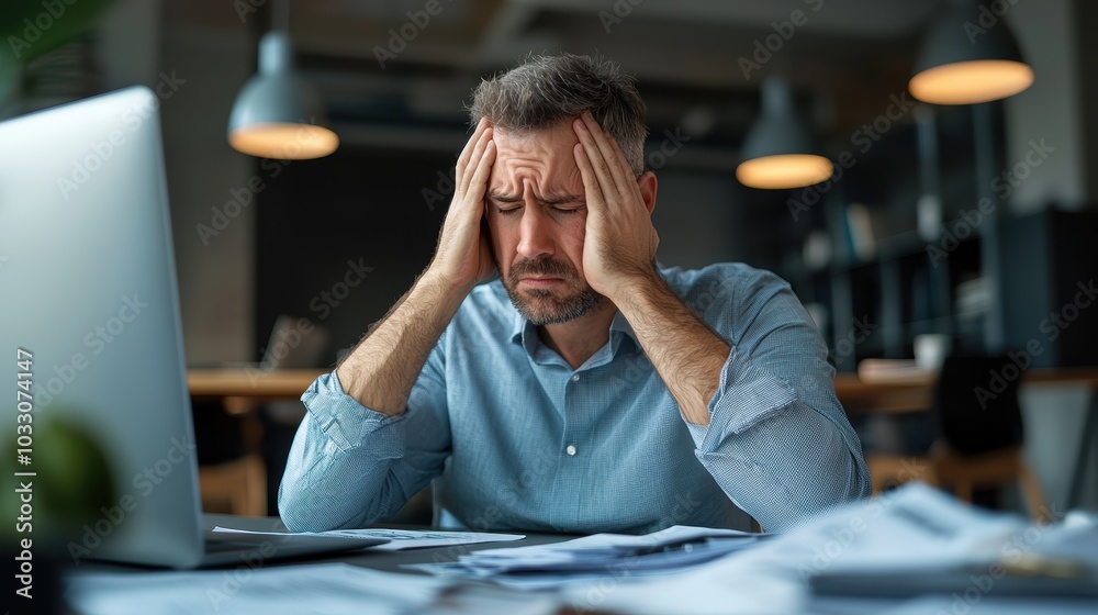 A stressed businessman sitting at his desk holds his head in frustration. Surrounded by paperwork and a laptop, he embodies the challenges of modern work life. A stressed businessman sitting at his desk holds his head in frustration. Surrounded by paperwork and a laptop, he embodies the challenges of modern work life.