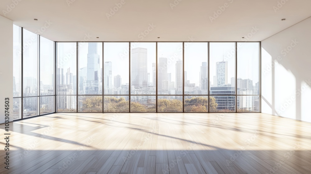 Fototapeta premium Bright, spacious modern apartment with panoramic city skyline views flooded with daylight