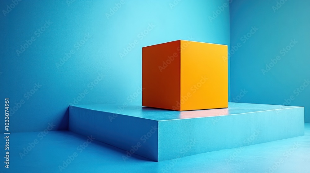 A vibrant orange cube on a blue platform in a minimalist setting. A vibrant orange cube on a blue platform in a minimalist setting.