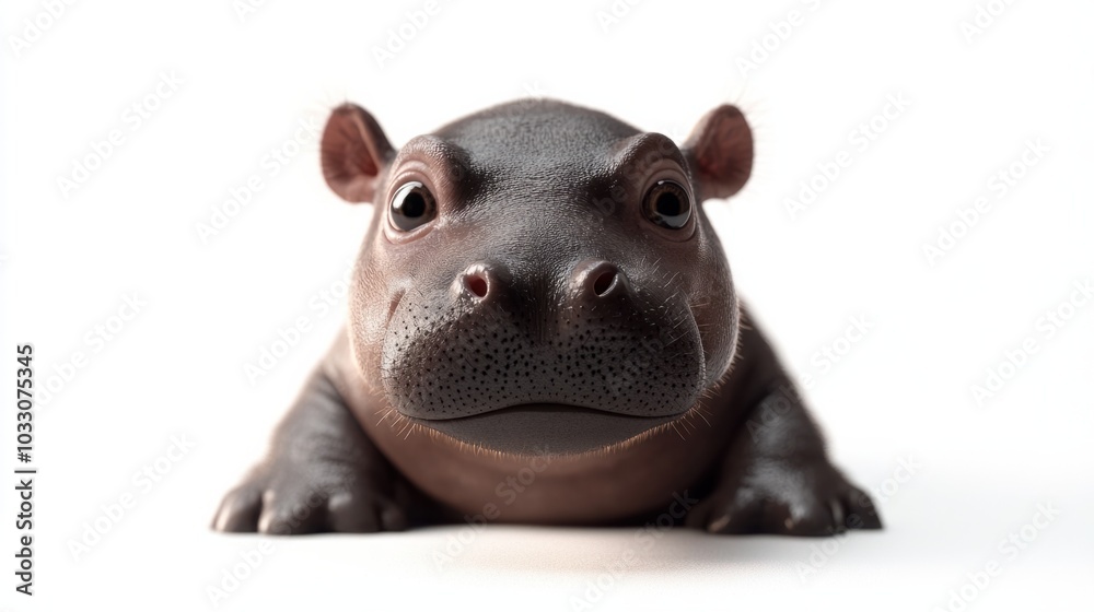 the baby hippo, tilting his head curiously, eyes wide with wonder, isolated on white background the baby hippo, tilting his head curiously, eyes wide with wonder, isolated on white background