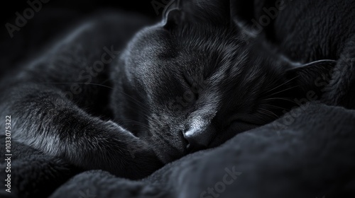 A serene black and white image of a sleeping cat on a cozy blanket.