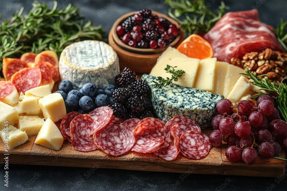 A beautifully arranged charcuterie board featuring various cheeses, meats, and fruits. A beautifully arranged charcuterie board featuring various cheeses, meats, and fruits.