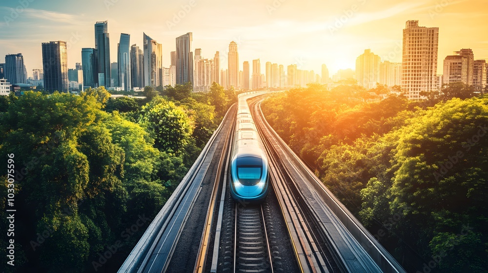 Fototapeta premium Futuristic city with soaring skyscrapers, green energy systems, and advanced maglev trains viewed from above