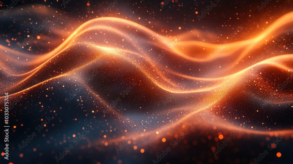 Abstract waves of light and particles in warm colors create a dynamic visual effect. Abstract waves of light and particles in warm colors create a dynamic visual effect.