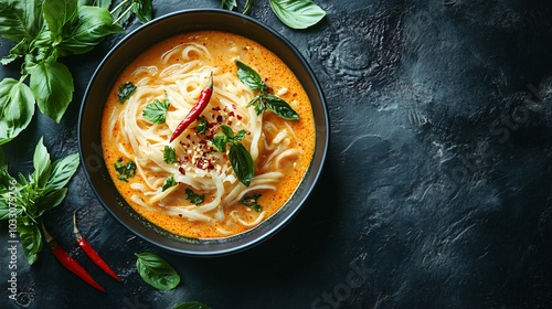 Delicious vegetarian food, Thai-style Khanom Jeen (steamed rice noodle), coconut milk curry, served in a bowl on a black background with food ingredients placed around it.
