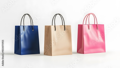 Shopping bags, one blue and pink with a white background, one beige brown bag on the right side, isolated, white background,