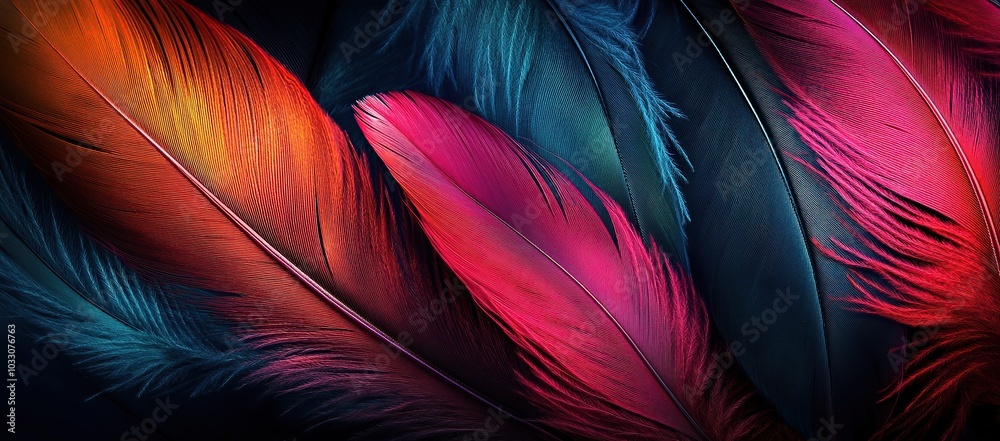 Fototapeta premium Abstract, colorful feather wallpaper on a dark background