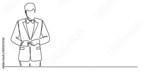 one continuous line drawing of a man wearing a suit.one line drawing of a man wearing a suit to work, attending a party.single line vector illustration.isolated white background
