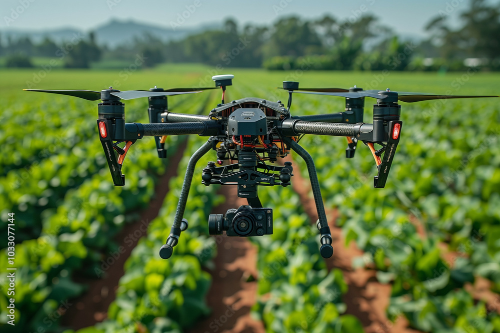 Advanced agricultural drone equipped with camera flying over vibrant green soybean field capturing high-resolution images for precision farming analysis Advanced agricultural drone equipped with camera flying over vibrant green soybean field capturing high-resolution images for precision farming analysis