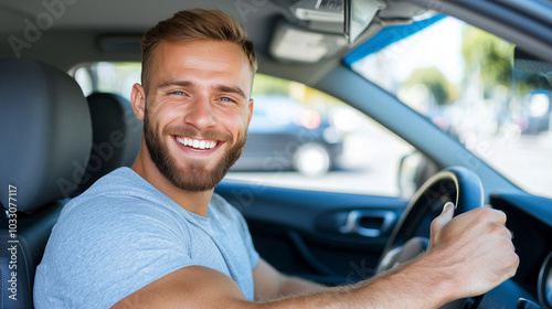 Man Driving Car with Smile:...
