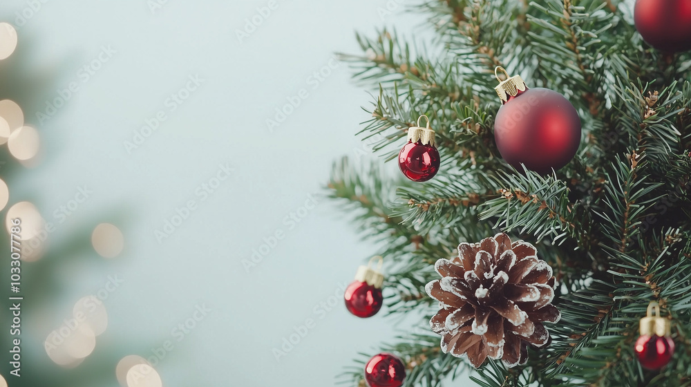 Festive Christmas Tree Detail: A close-up of a beautifully decorated Christmas tree, with sparkling ornaments, a pine cone, and a bokeh effect in the background. The warm. Festive Christmas Tree Detail: A close-up of a beautifully decorated Christmas tree, with sparkling ornaments, a pine cone, and a bokeh effect in the background. The warm.