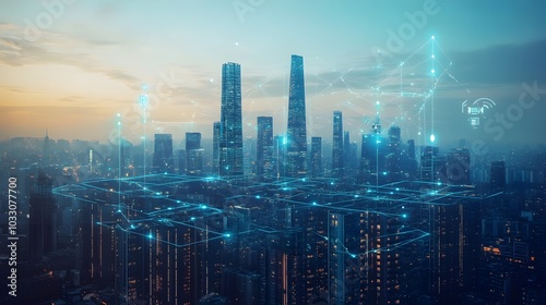 Wallpaper Mural Futuristic city skyline with tall, interconnected skyscrapers, green infrastructure, and automated transportation Torontodigital.ca