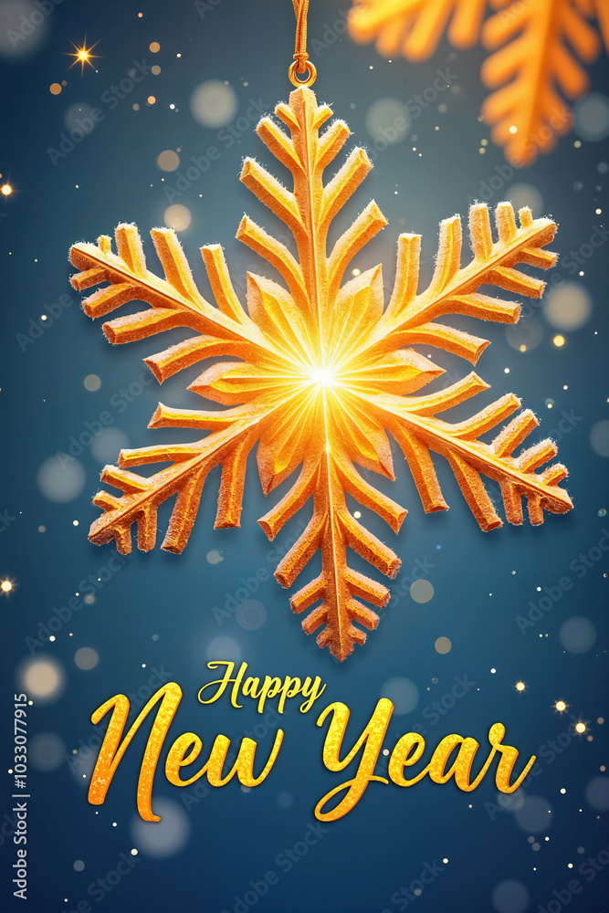 Fototapeta premium Golden snowflake ornament against a dark blue background, with the words Happy New Year written below it.