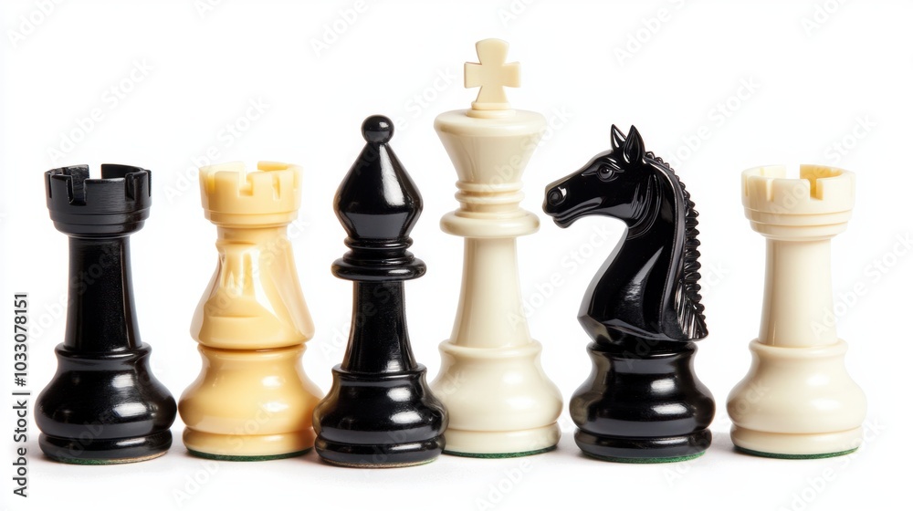 Chess pieces with the knight leading, symbolizing strategic leadership and learning, isolated on white background Chess pieces with the knight leading, symbolizing strategic leadership and learning, isolated on white background